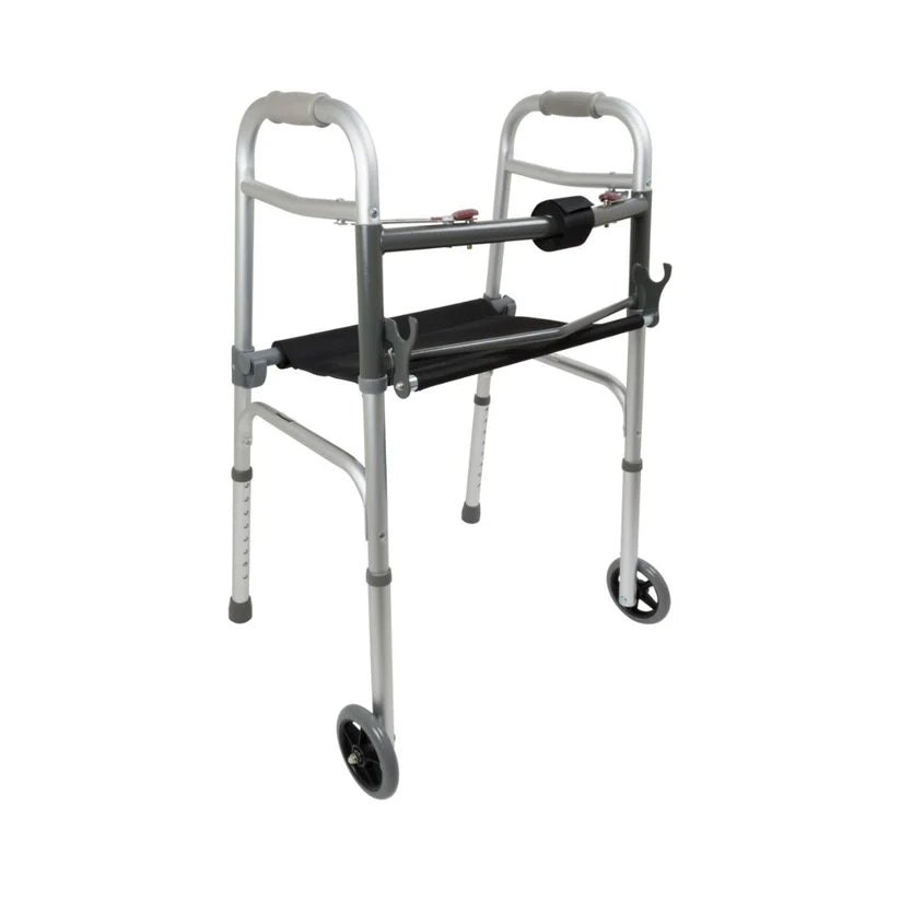 ProBasics Two-Button Folding Walker with Wheels and Roll-Up Seat 300lb WKAAW2BST